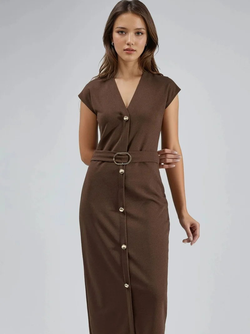 بوسيم BUSEM Belted V-Neck Midi Dress